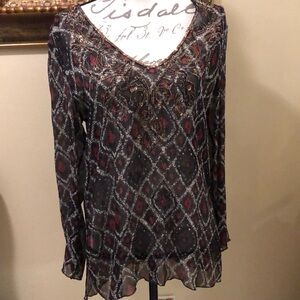 ❤️ Chico’s Silk abstract damask print sequins trim long sleeve sheer top